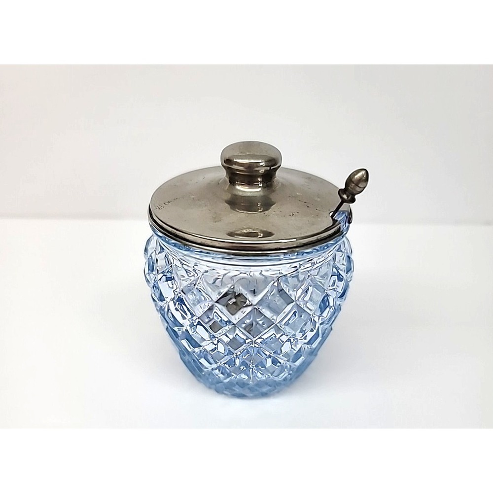 Ice Blue Tint Diamond Pattern Glass Condiment/Honey/Jam Jar w/ Spoon & Lid Japan